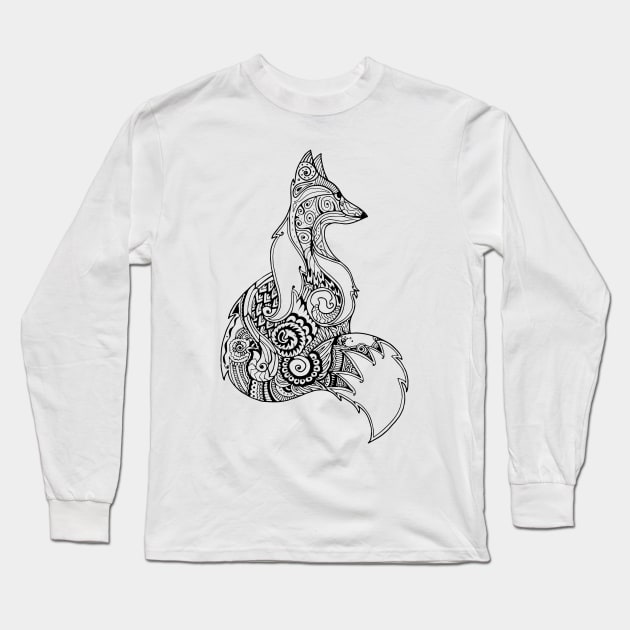 Zentangle monochrome fox Long Sleeve T-Shirt by ComPix